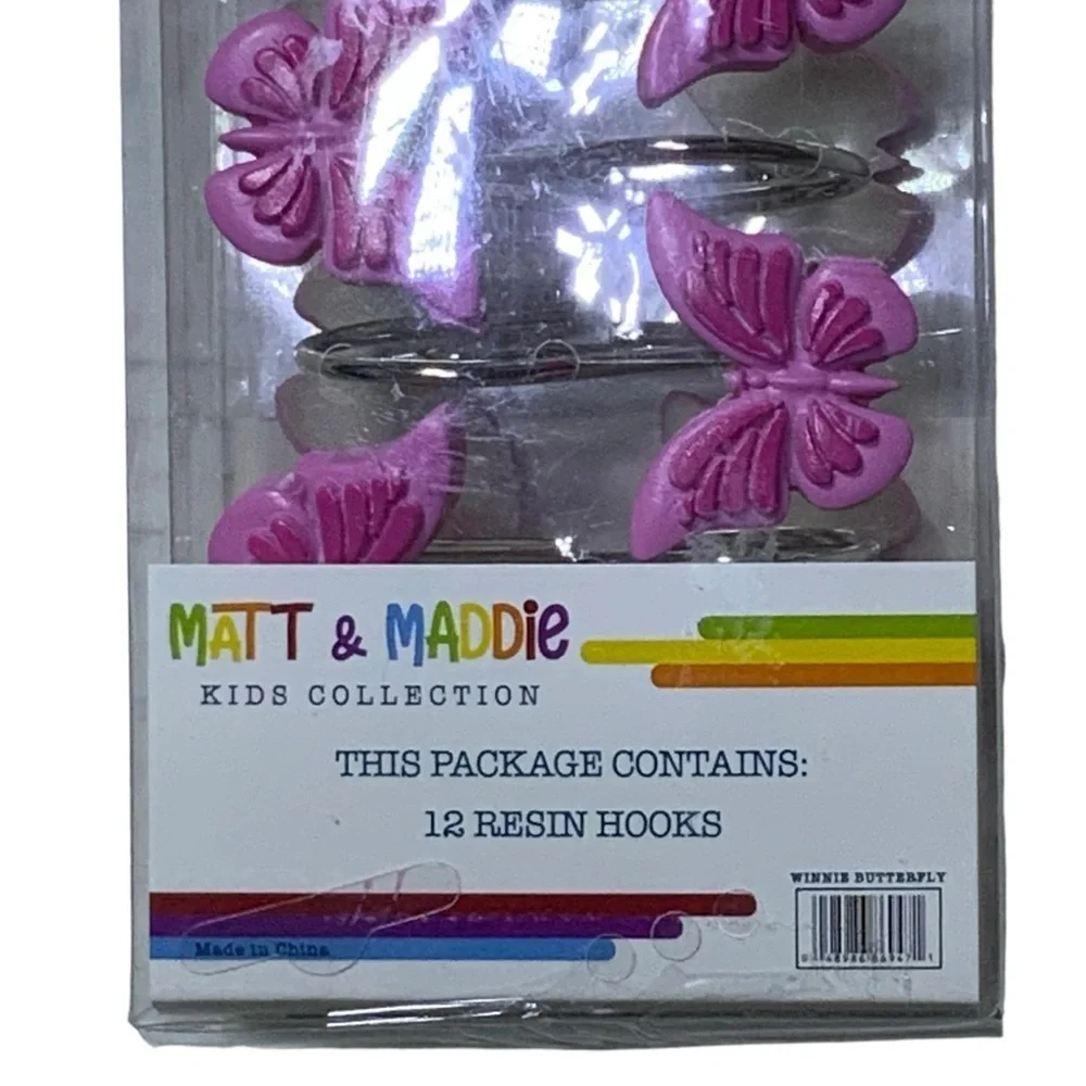 Matt & Maddie Butterfly Shower Hooks Kids Winnie Collection Barbie Pink 12 Piece